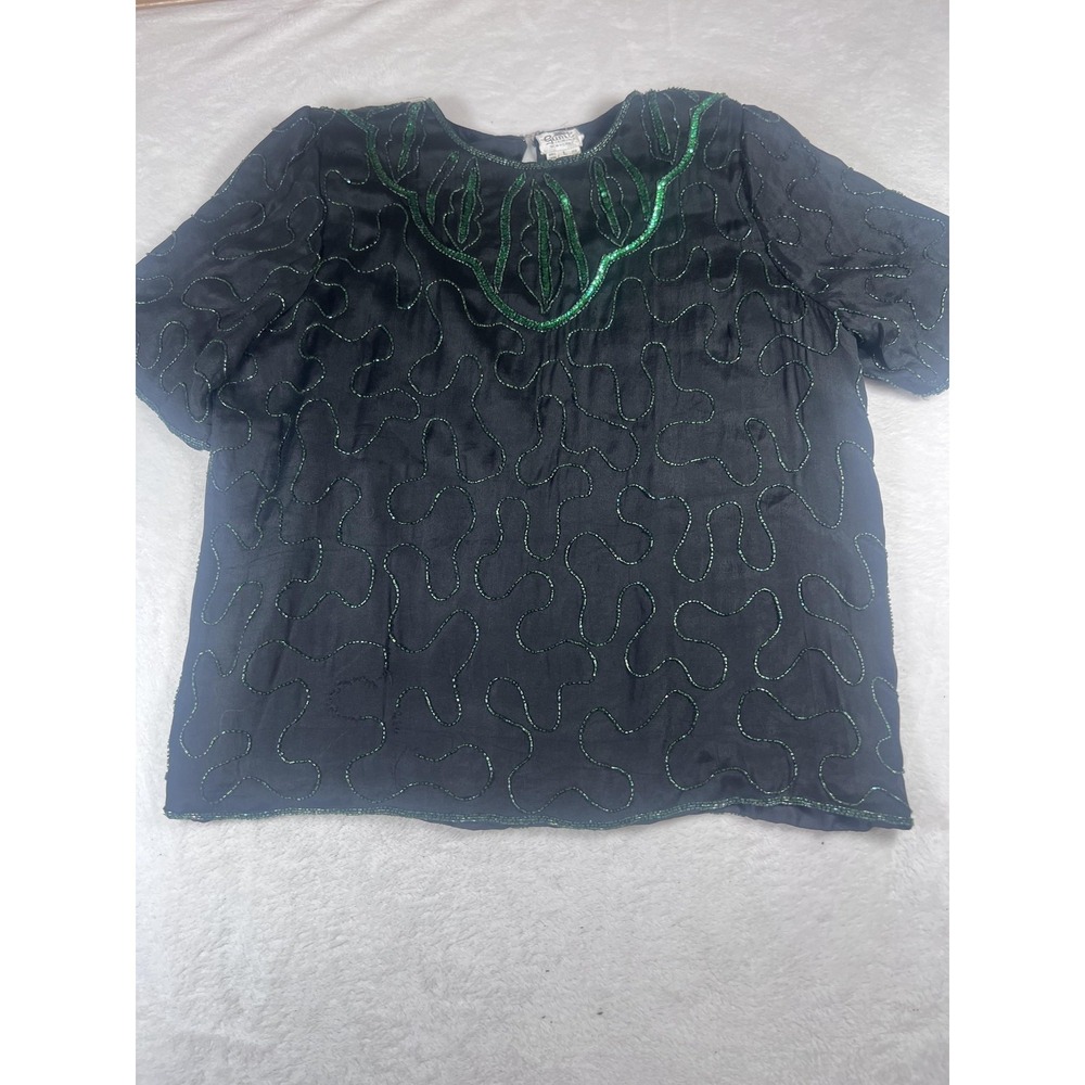 Gunit Fashions‎ Blouse Womens Large Black Beaded Silk Short Sleeve Party Top